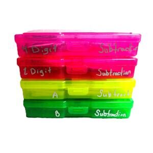 Math Task Cards Subtraction Three Sets for Six Students Colorful Storage Cases